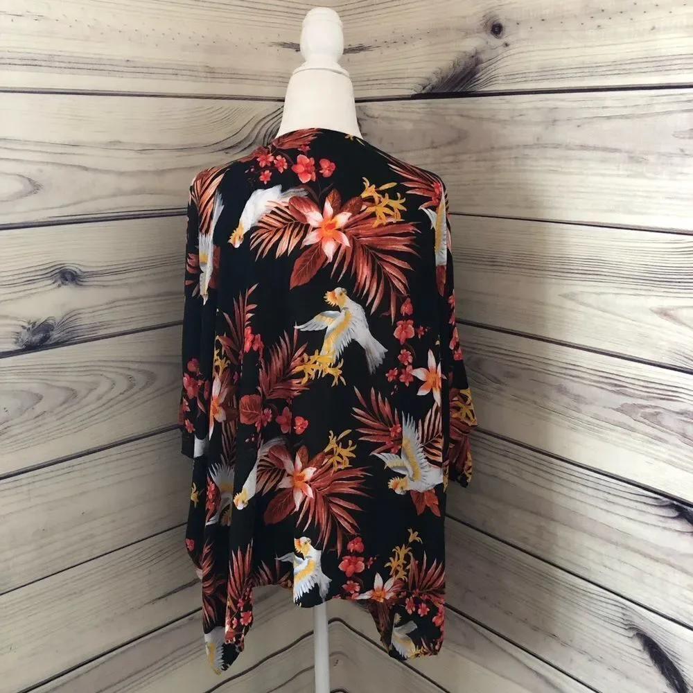 Forever 21 Black Tropical Bird Leaf Print Kimono Cover Up Size Small - Picture 5 of 5